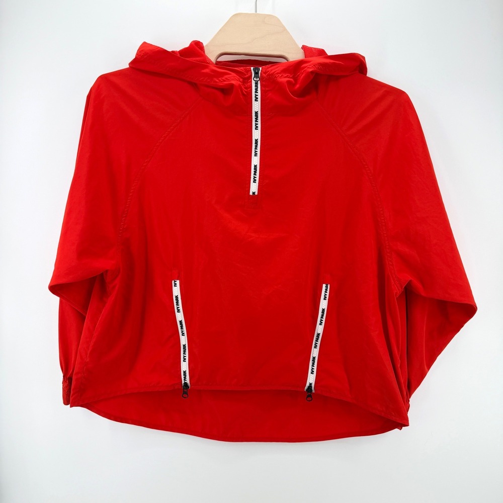 Ivy Park Windbreaker Women L Orange Red Cropped Hooded Quarter Zip Streetwear